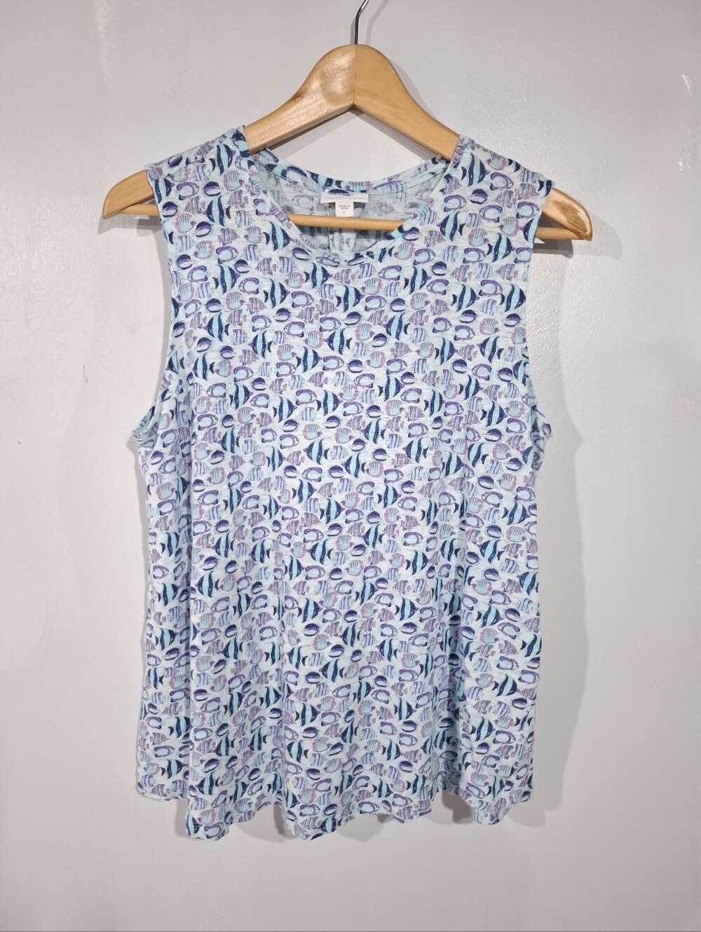 J. Jill Love Linen Blue and Navy Fish Patterned Sleeveless Tank 100% Linen Sz L - Picture 2 of 9